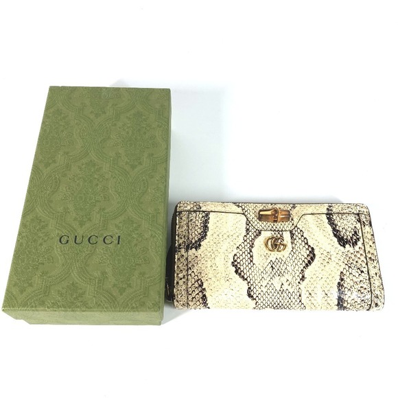 Gucci Long Wallet GG Bamboo Round Zipper Python Leather White - Picture 2 of 11